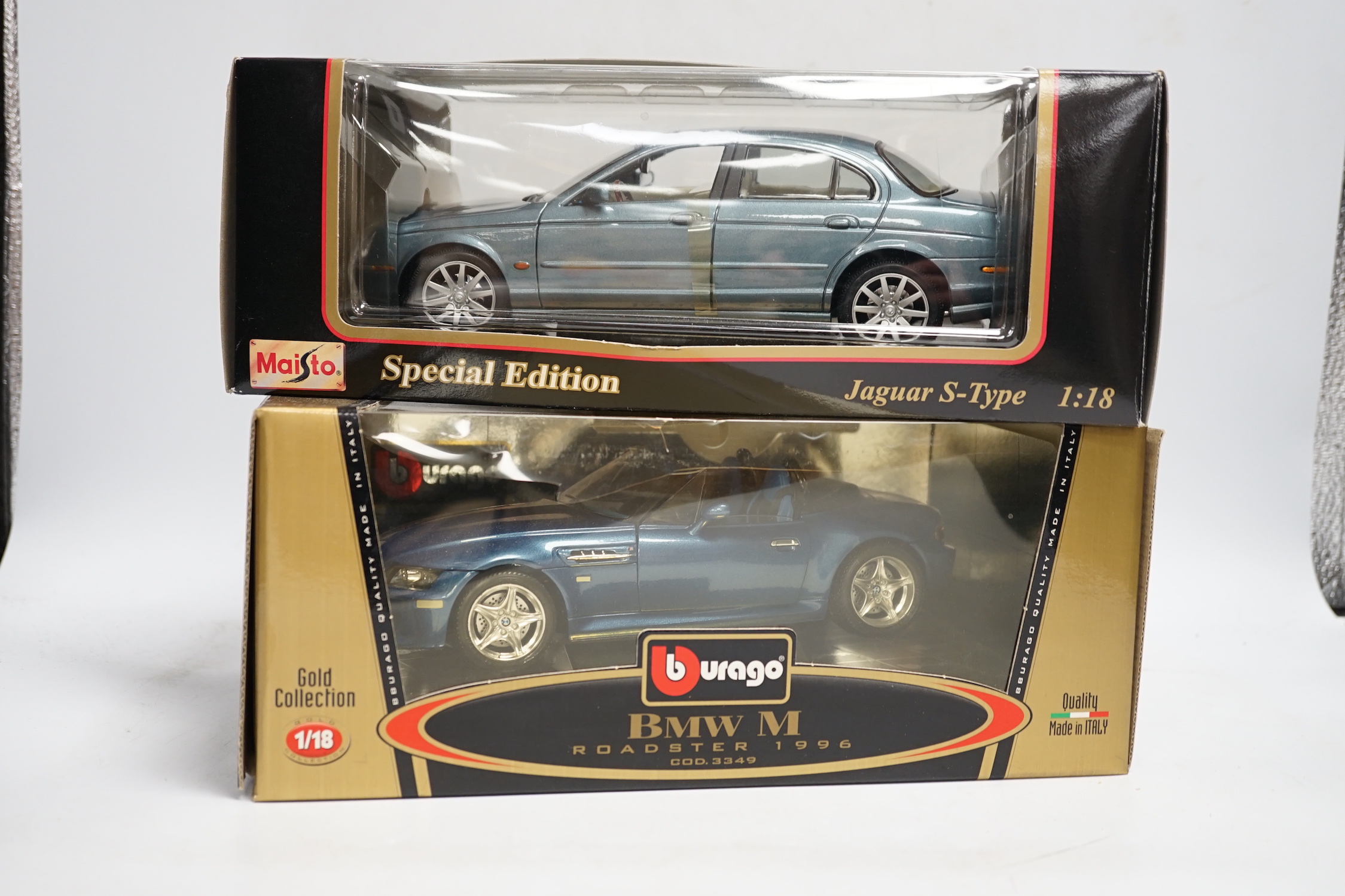 Five boxed 1:18 model cars by Maisto and Bburago; Jaguar S-Type, Jaguar XKR, Ferrari 550 maranello, Mercedes-Benz SLK 230 and a BWM M roadster